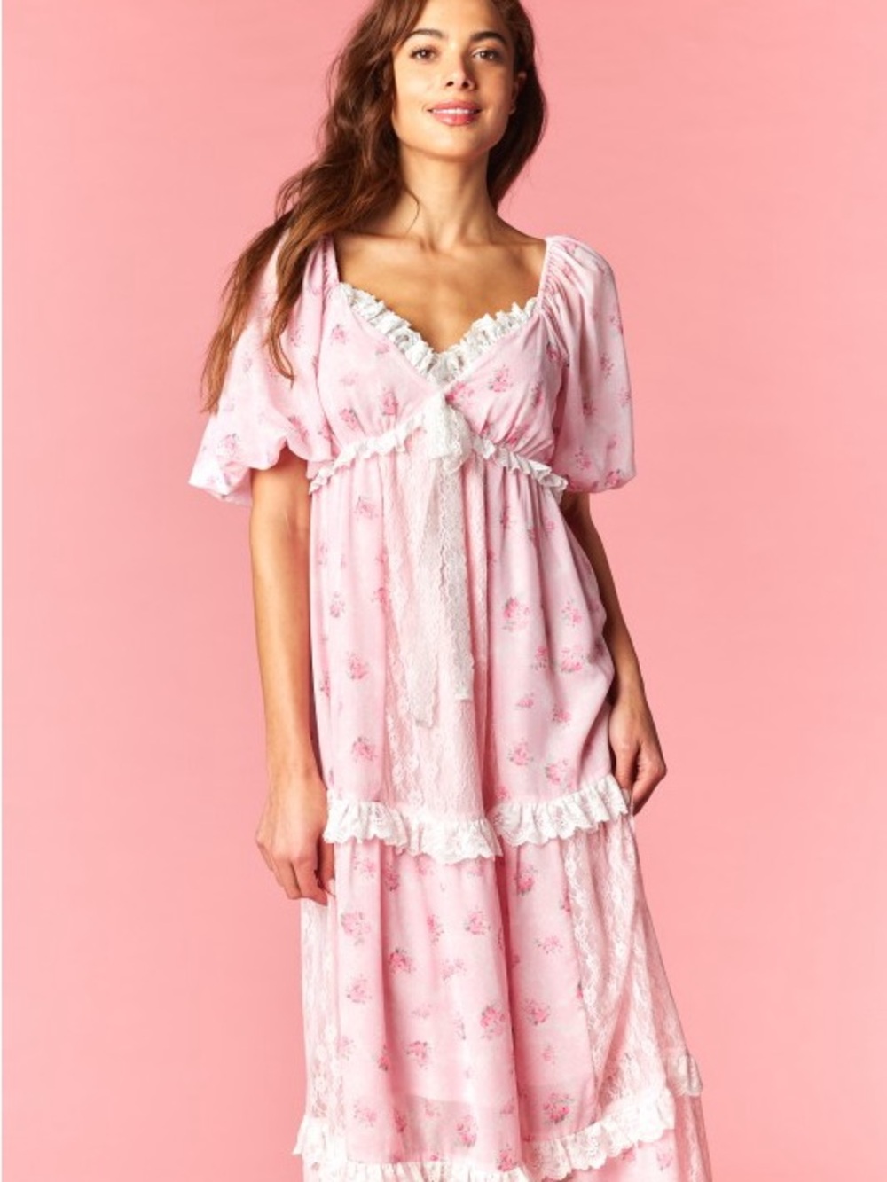Pink Lace Tiered Maxi Dress with Puff Sleeves - Picture 8 of 14